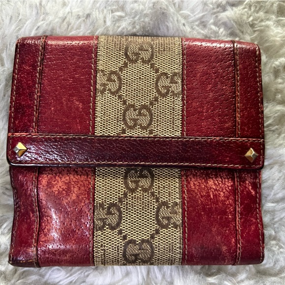 GUCCI authentic monogram VINTAGE RED Bifold wallet w/ pyramid studs GUC!!! - Picture 2 of 10